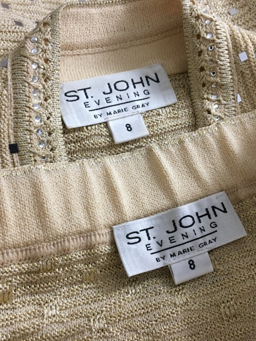 BEAUTIFUL St John evening knit gold shimmer rhinestones embellished skirt suit 8 - Picture 10 of 10